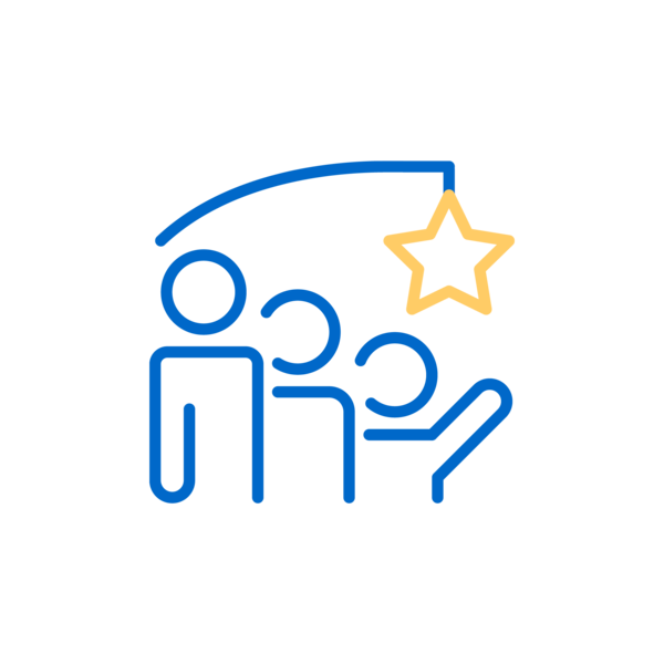 Brand Logic Prinzipien Icon zum Prinzip "Zukunftsbild der Marke": Strichzeichnung von drei Personen, über ihnen hängt ein Stern