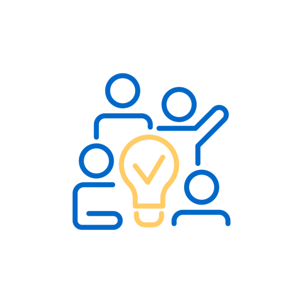 Brand Logic Prinzipien Icon zum Prinzip "Gemeinsam verändern"; Strichzeichnung von vier Personen, vor ihnen eine Zeichnung mit einer Glühbirne