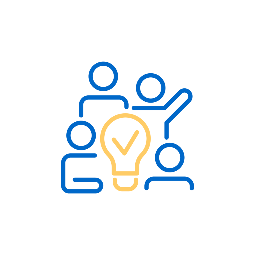 Brand Logic Prinzipien Icon zum Prinzip "Gemeinsam verändern"; Strichzeichnung von vier Personen, vor ihnen eine Zeichnung mit einer Glühbirne