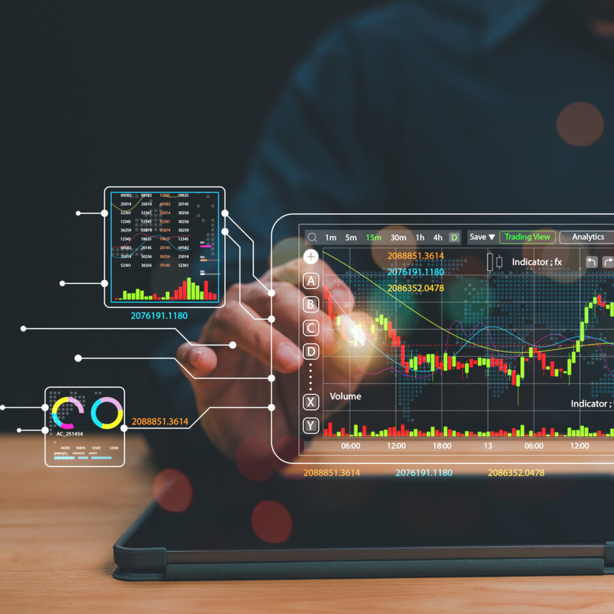 Modern trader engages with advanced analytics and financial charts on multiple devices, blend of technology and market insight for effective trading strategies