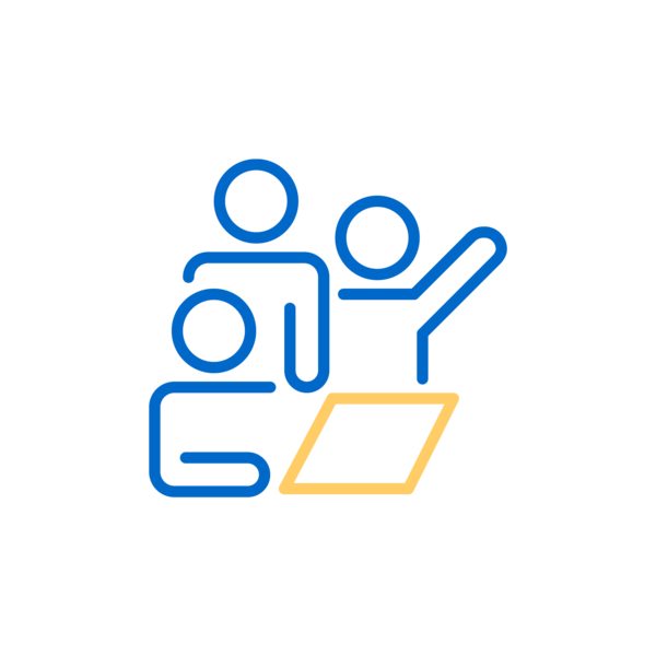 Brand Logic Prinzipien Icon zum Prinzip "Arbeiten in Teams"; Strichzeichnung von drei Personen die gemeinsam auf ein Dokument bearbeiten