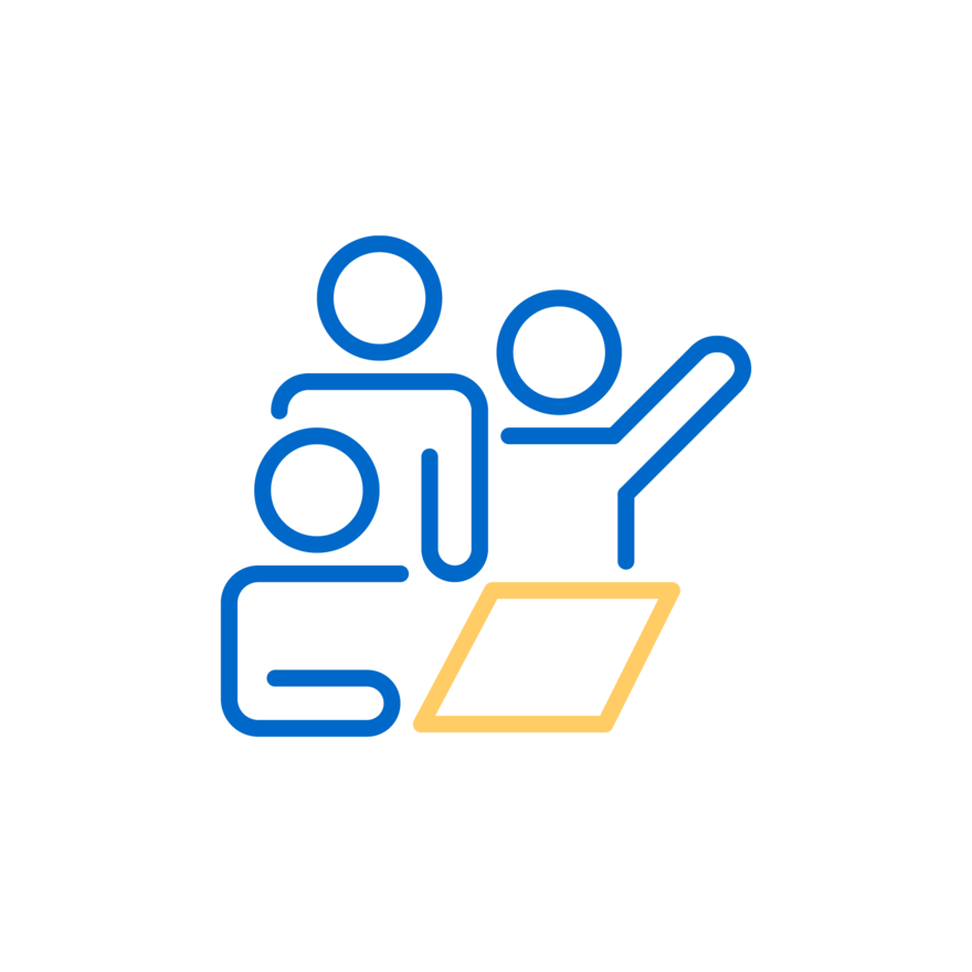 Brand Logic Prinzipien Icon zum Prinzip "Arbeiten in Teams"; Strichzeichnung von drei Personen die gemeinsam auf ein Dokument bearbeiten