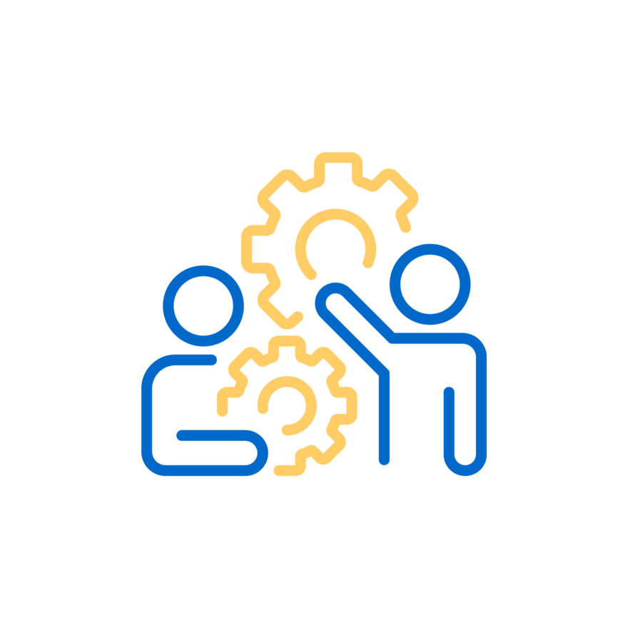 Brand Logic Prinzipien Icon zum Prinzip "Ins Tun kommen"; Strichzeichnung von zwei Personen, die jeweils ein großes Zahnrad bedienen